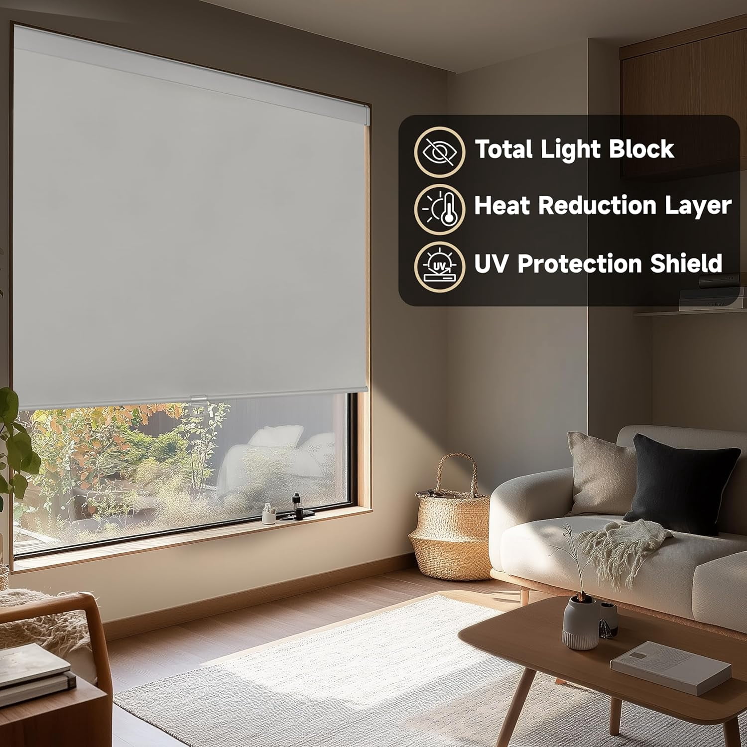 ColourTree Cordless Blackout Roller Shades Blinds for Windows, Room Darkening with Thermal Insulated Fabric, UV Protection+, Easy Pull-Down System, Fit for Home, Office (25" W x 72" H, Grey)