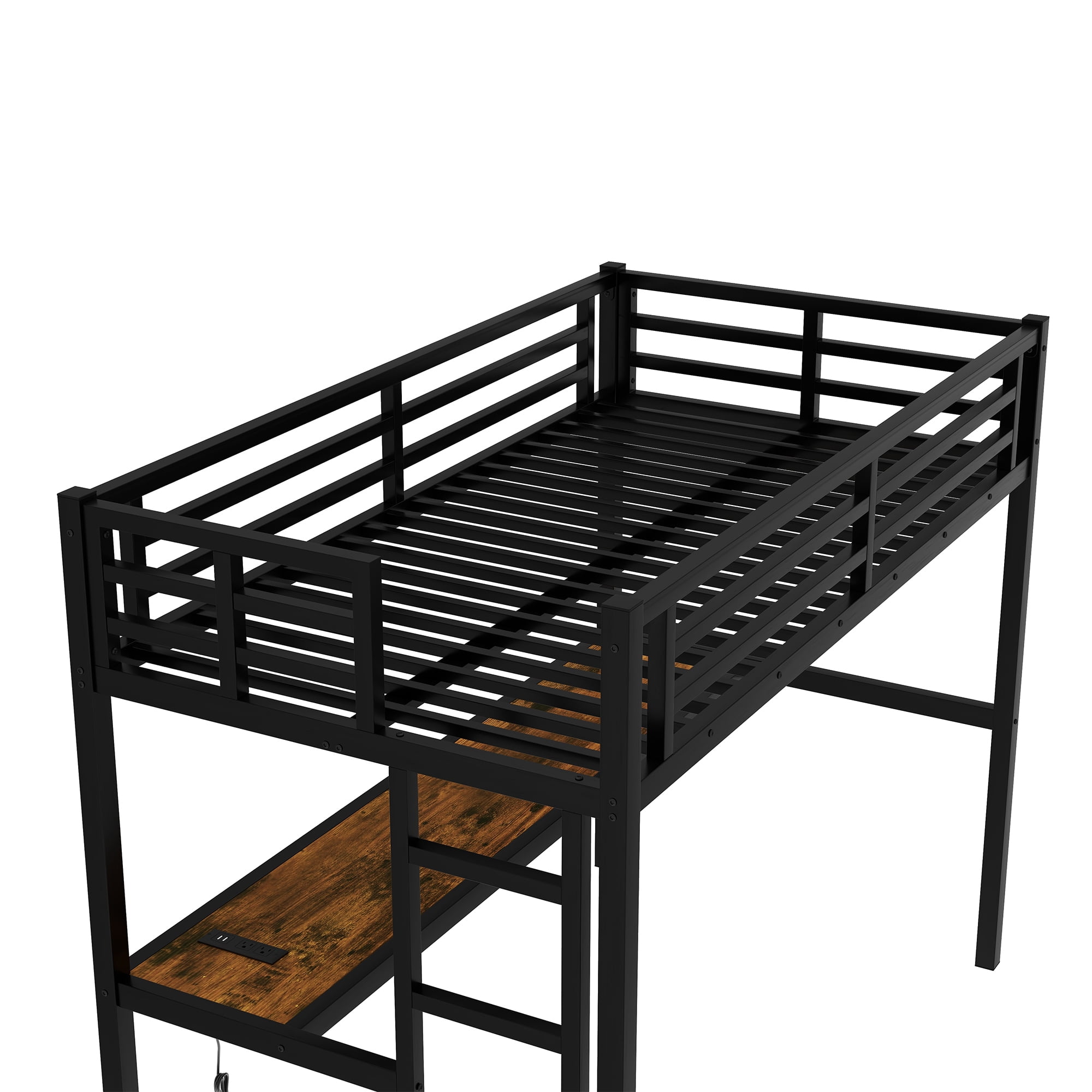 Leumius Twin XL Size Loft Bed,Metal Bed Frame with Power Outlet and LED Lighted,Space-Saving, Noise Reduced, Black