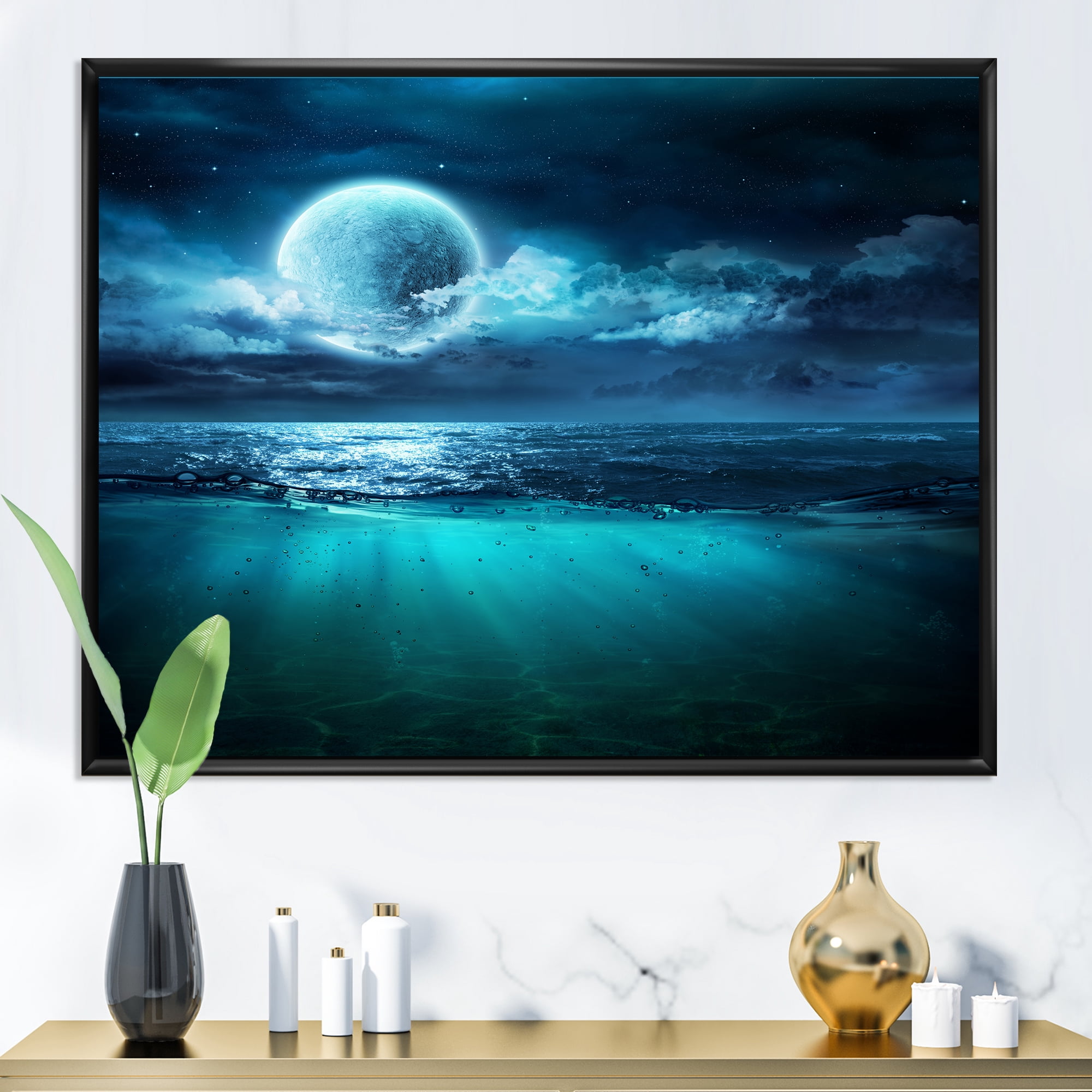 Designart 'Romantic Moon and Clouds Over Deep Blue Sea II' Nautical & Coastal Framed Canvas Wall Art Print