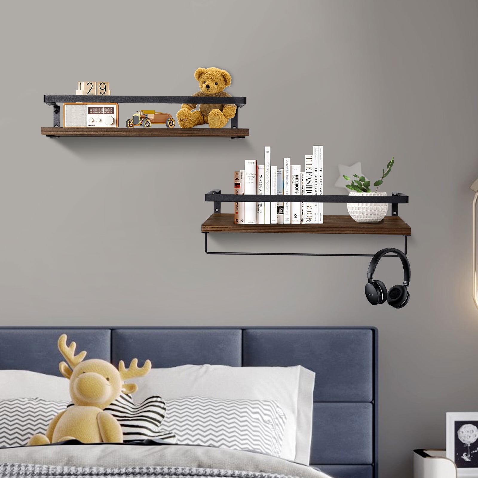 Uten Floating Wall Shelf Set of 2, Wall Mounted Shelves Wooden Holder Loading 20lb, Brown