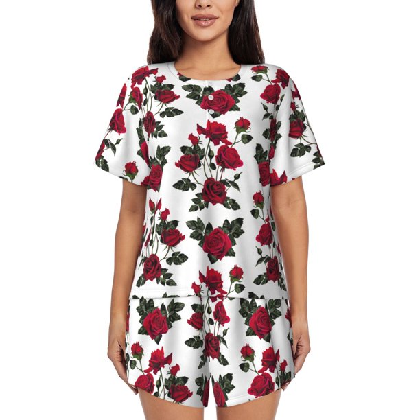 Balery Rose Flowers Conjunto de Pijama para Mujer con Estampado, Dos Piezas de Manga Corta y Shorts, Ropa de Dormir Suave con Cuello Redondo y Bolsillos-X-Large
