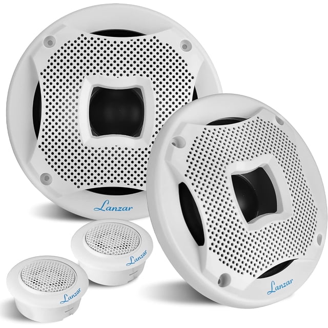 Altavoces Marinos Duales de 6.5 Pulgadas Lanzar, Sonido Estéreo, Resistente al Agua y al Tiempo, con Potencia de 450 Vatios, Montaje Empotrado, Rodeado con Tela Tratada con Resina, 1 Par