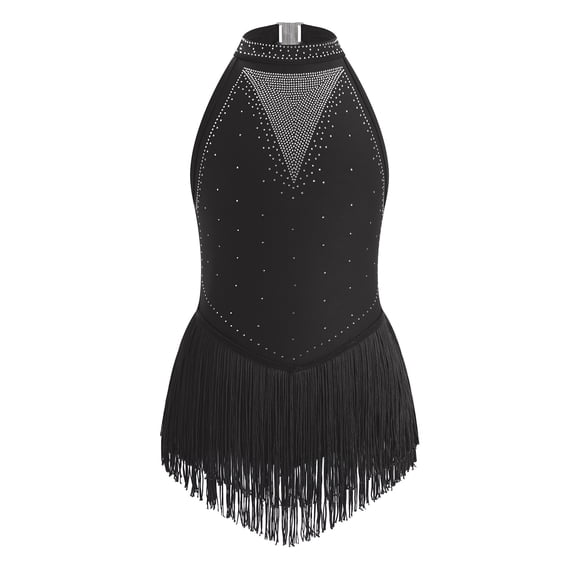 IBTOM CASTLE Halter Tassel Latin Dance Dress for Girls Sparkly Rhinestone Fringe Bodysuit Kids Ballroom Dancing Leotards Salsa Jazz Outfit Black