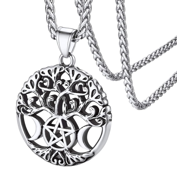 Zhuge Colgante de collar hecho a mano, collar de árbol de la vida con patrón de pentagrama lunar (plata)