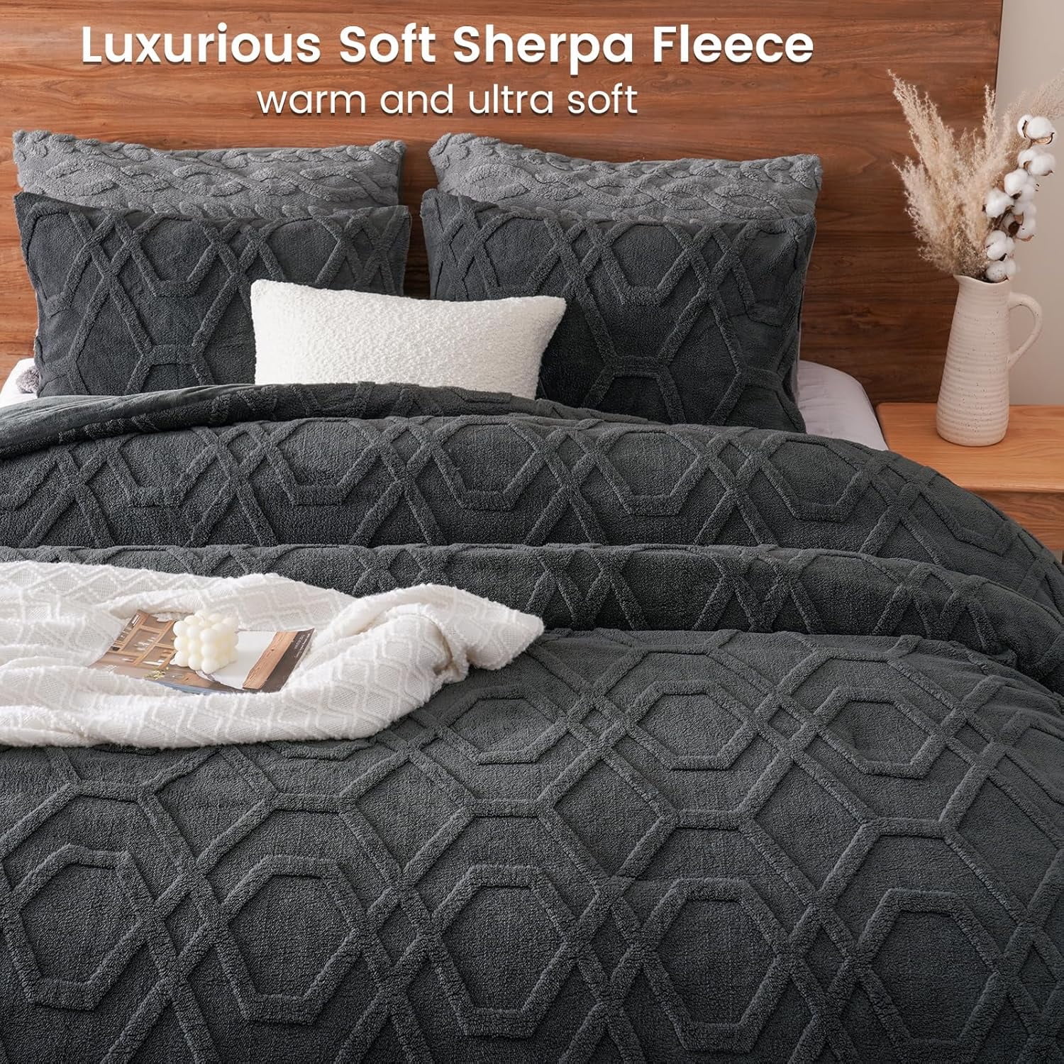 PHF Warm Sherpa Fleece Queen Comforter Set, 3D Tufted Fluffy Dark Grey Bedding for Winter, Soft 3 Pieces Shaggy Bed Set, 1 Comforter (90"x90") and 2 Pillowcases (20"x26")