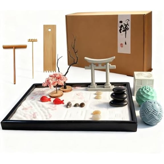 Japanese Zen Garden Kit for Desk with 3 Sand Spheres, Zen Decor with Wooden Tray and Natural Rake Torii Gate Ornament for Home & Office, Desktop Sandbox for Relaxation and Meditation