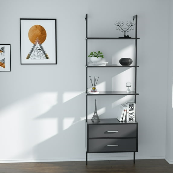 Williamspace Wall-mounted 4-Tier Ladder Bookshelf with 2 Drawers,Open Storage Shelves Bookcase for Office Living Room,Dark Grey