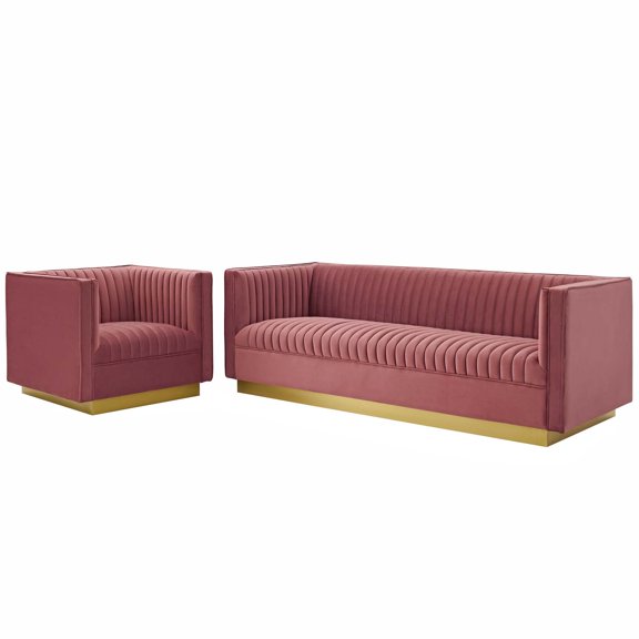 Tufted Armchair and Sofa Set, Velvet, Pink, Modern Contemporary Urban Design, Living Lounge Room Hotel Lobby Hospitality