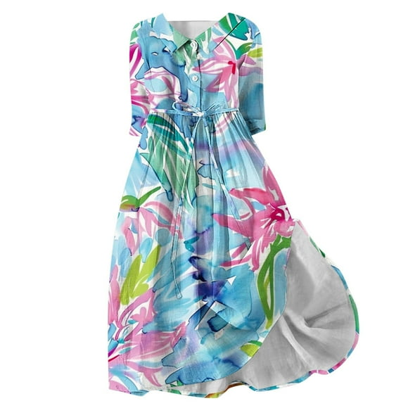 Women's Clearance Floral Boho Lapel V Neck Button Flowy Fall Dress Elegant Casual Drawstring Summer Tea Length A Line Dress 3/4 Sleeve Spring Workout Fashion Blue S