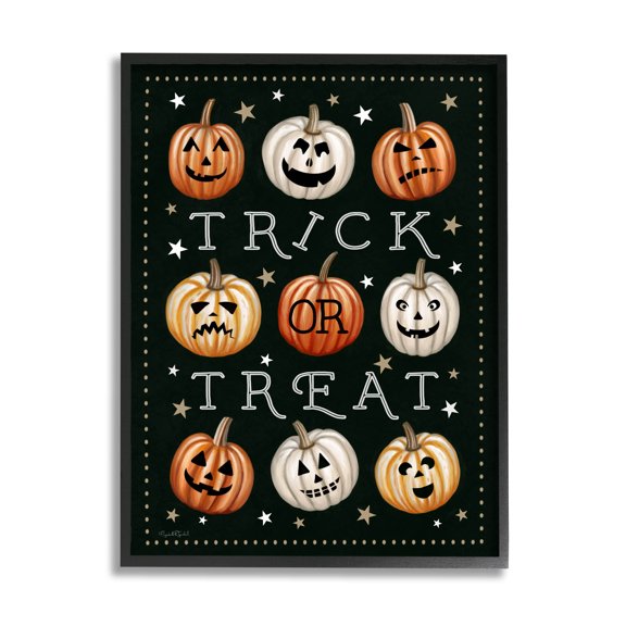 Stupell Industries Trick Or Treat Jack-o-Lanterns Graphic Art Black Framed Art Print Wall Art, Design by Elizabeth Tyndall