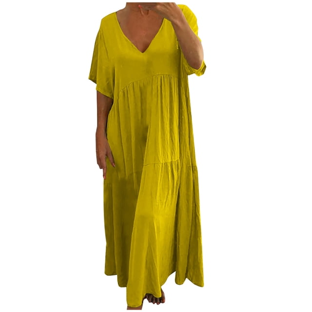 yoeyez Robe en Lin pour Femme Grande Taille, Robe Unie à Col en V Smockée pour Femme Longue Plissée à Manches Courtes Robes Boho Ample Fluide Robe Maxi Jaune, TG