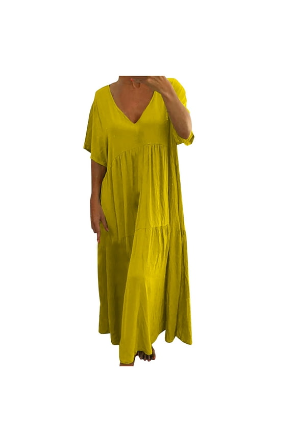 Miss Dress Fall Clothes Women Loose V-neck Short Sleeves Cotton Linen Soild Color Dress