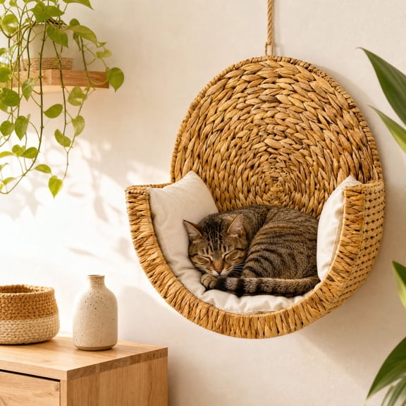 Hanging Cat Hammock Bed, Natural Handwoven Water Hyacinth Cat Swing Basket with Removable Cushion, Indoor Wall Hanging Cat Nest, Cozy Sleeping Perch for Cats & Kittens