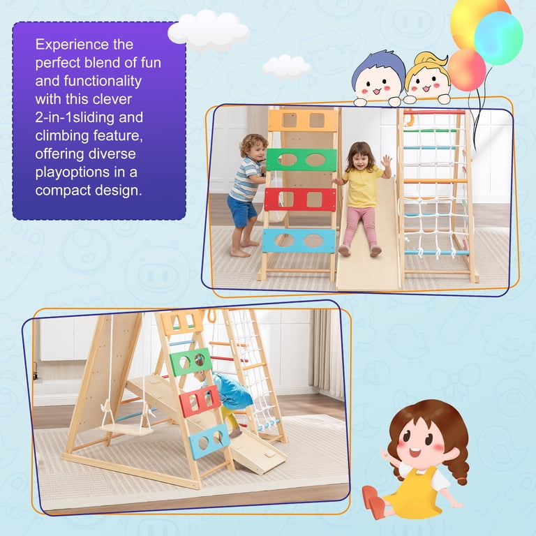 6-in-1 Indoor Playground Jungle Gym Kids Climbing Toys, Wooden Climber Playset W/Slide For Kids Ages 1-8, Swing, Monkey Bars, Upright, Rope Ladder