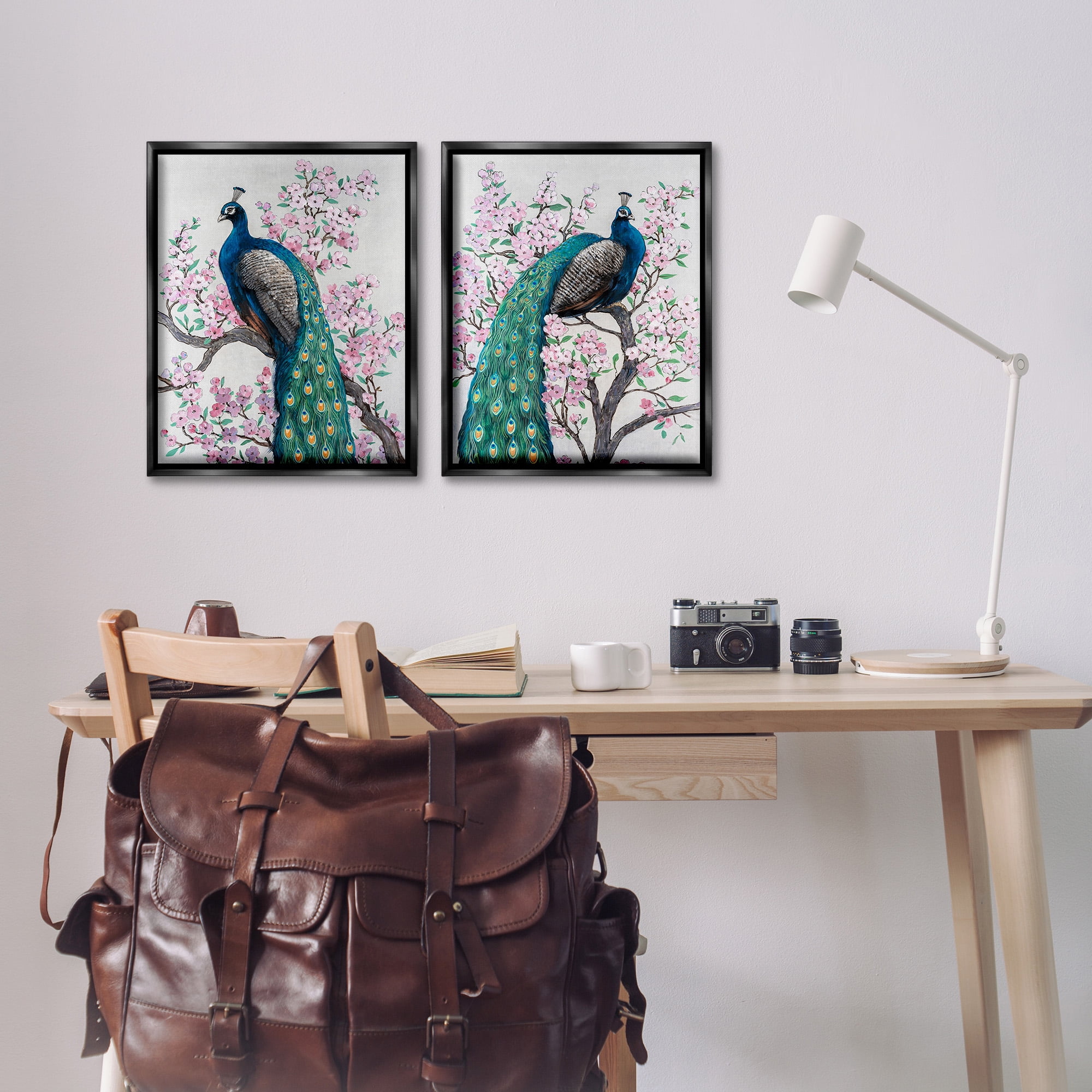 Stupell Industries Floral Peacocks Perched Animals & Insects Painting Black Floater Framed Canvas Art Print Wall Art, 17 x 21, Set of 2