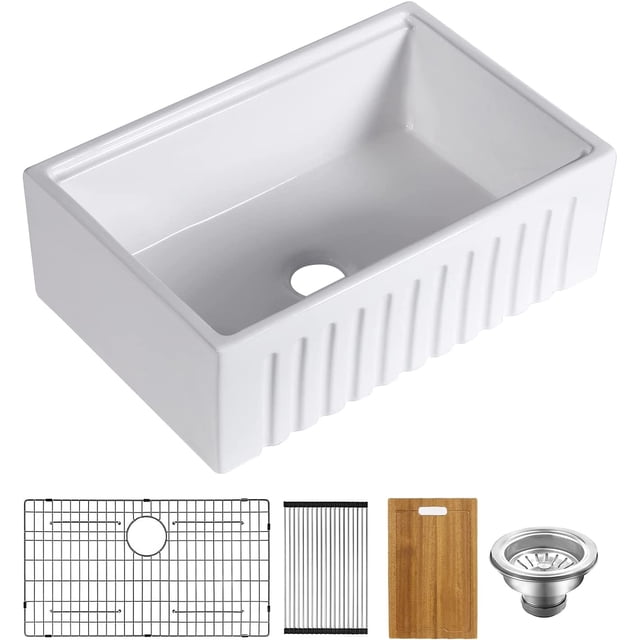 Undermount White Kitchen Sink Workstation - 33 inch White Porcelain Ceramic Single Bowl Dual Mount Kitchen Sink
