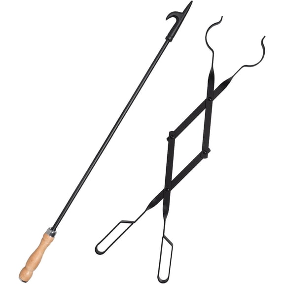 Heavy Duty 32” Long Fireplace Fire Pit Campfire Poker Stick and 26” Fireplace Tongs Tool Sets, Log Grabber, Rust Resistant Black Finish Camping Fireplace Tools for Indoor/Outdoor