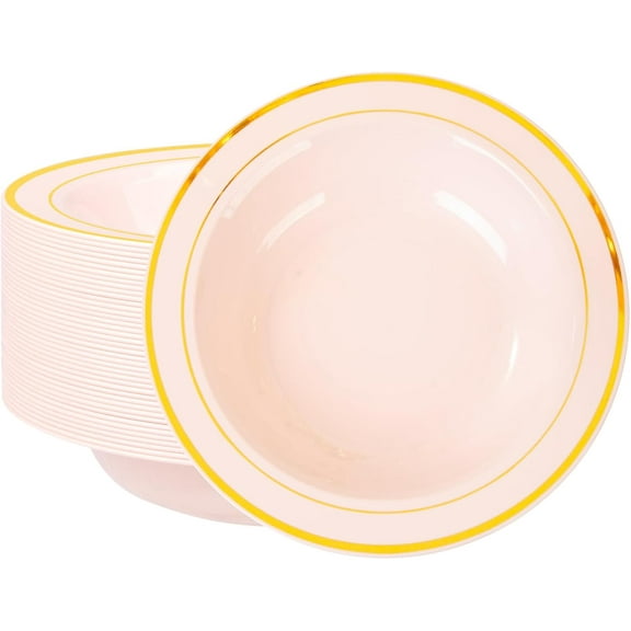 50 Pack Pink Plastic Bowls with Gold Rim - 12oz Disposable Soup Heavy Duty Dessert Bowls, Salad & Ice Cream for Weddings, Parties, Catering and Everyday Use