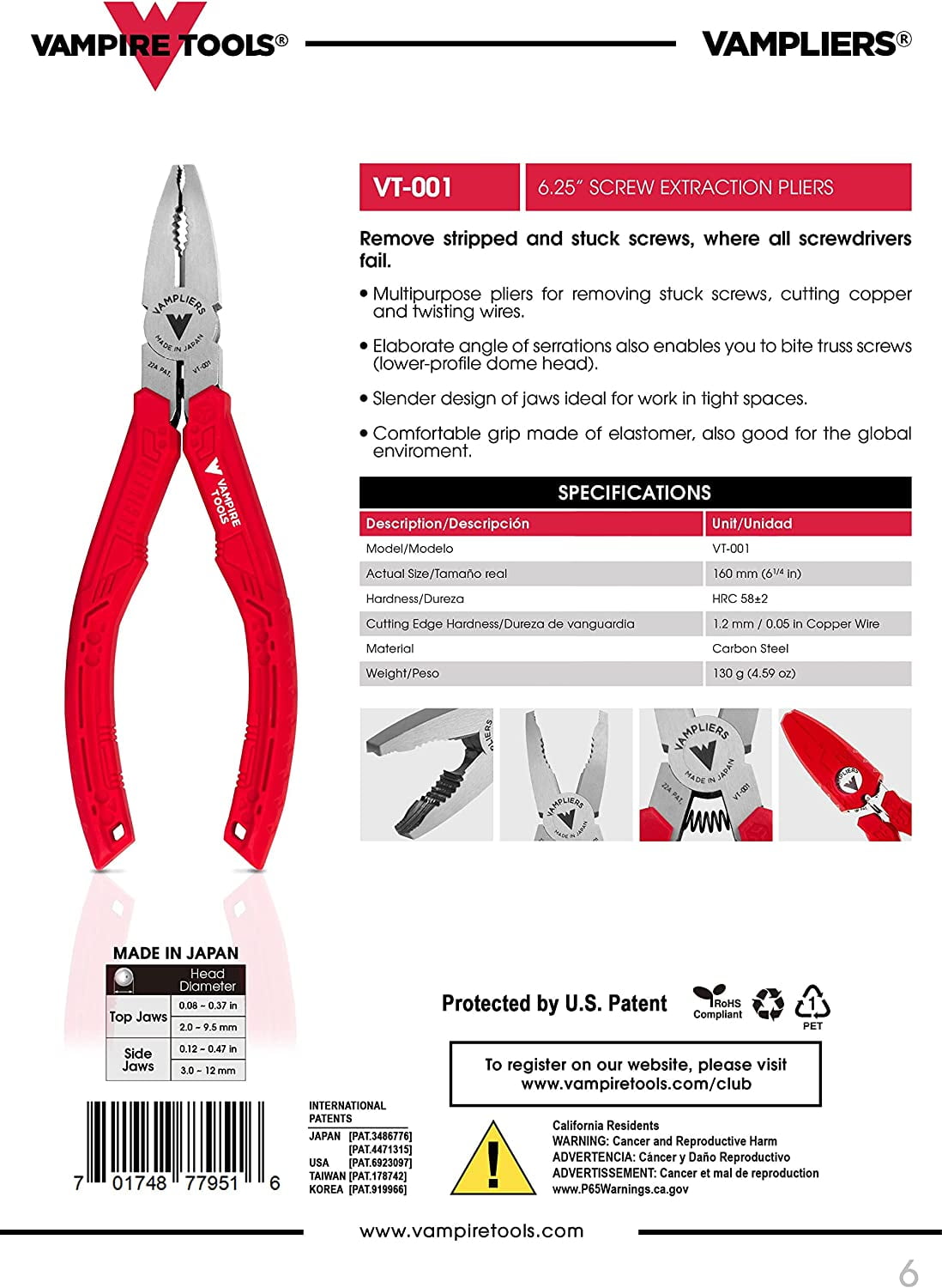 VAMPLIERS 2-PC Specialty Screw Extraction Pliers Set: Includes JAWZ 7.5" Vise-Grip Locking Pliers + 6.25" Multipurpose Pliers with Wire Cutter and Vampliers Tool Pouch: VT-001-S2LP.
