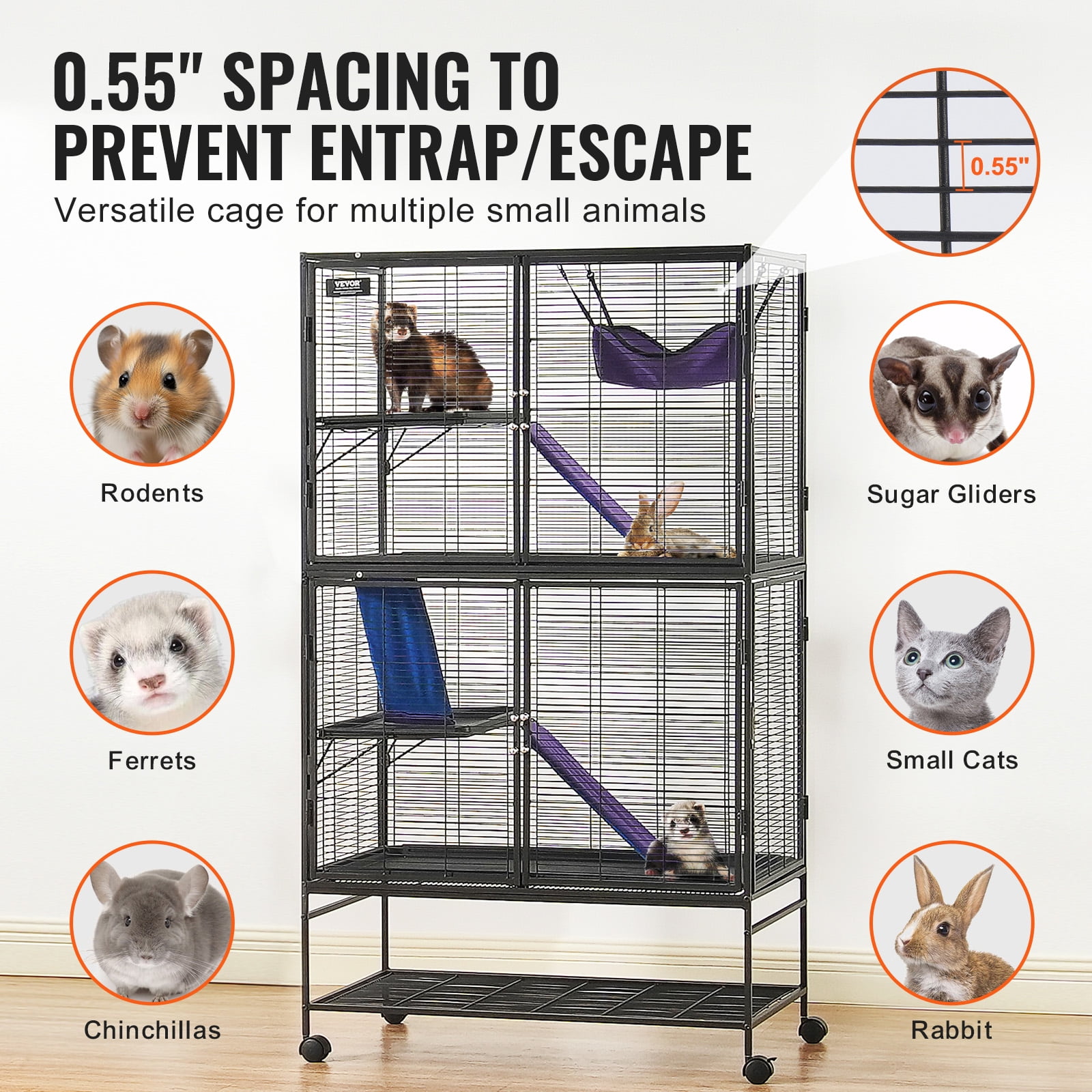 VEVOR 64.6" Rolling Metal Ferret Cage, Large 4-Tier Small Animal Cage with Ramps & Tray, Easy to Set up for Pet Rats, Hamster, Guinea Pig, Chinchilla, Squirrel, Hedgehogs, Bunny