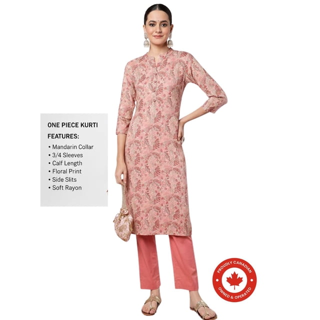 DWEEP SARA Kurta Droit pour Femmes à Imprimé Floral Pêche L/40 Viscose Rayonne Tunique Ethnique Manches 3/4 Col Rond Longueur Mi-Mollet