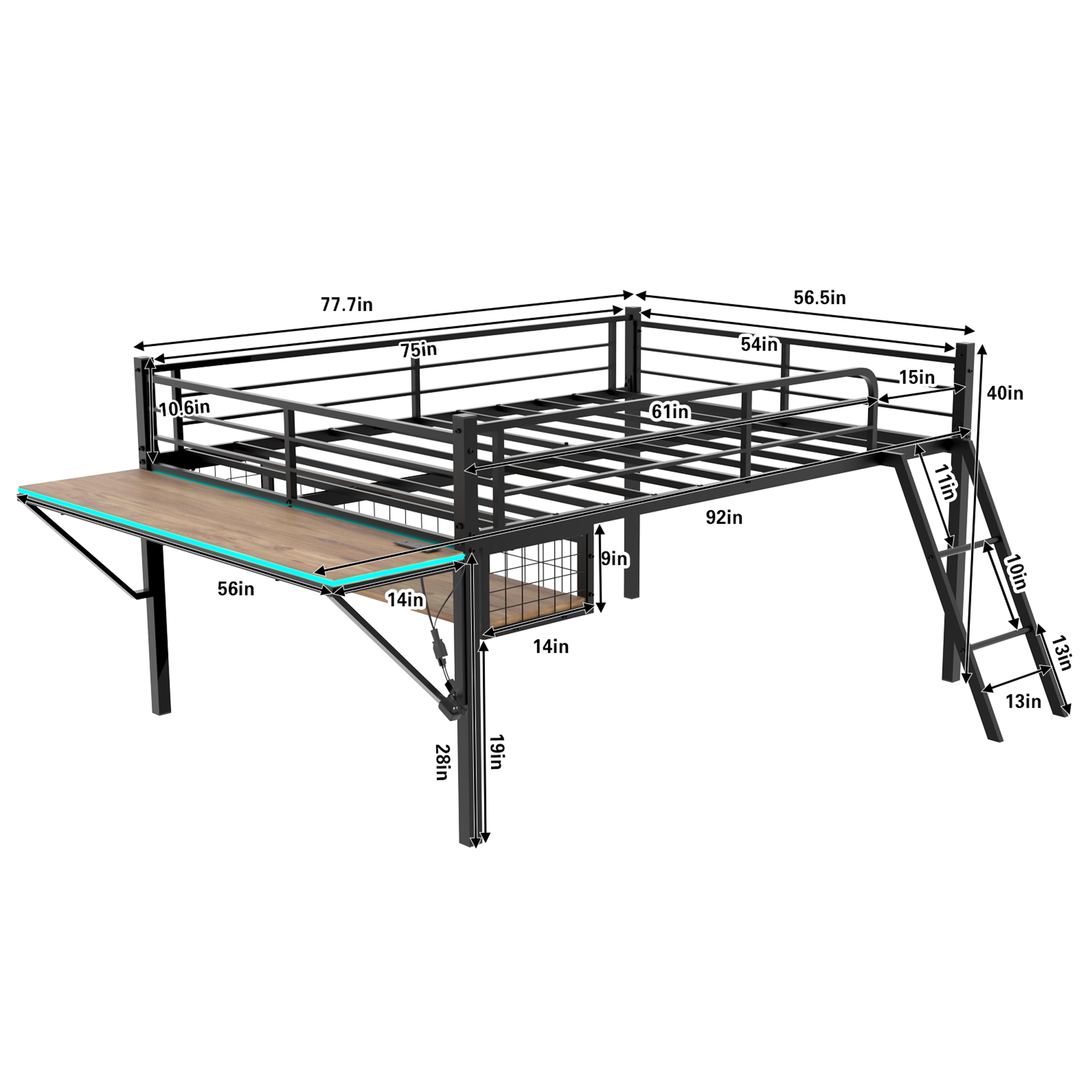 Mintazer Full Size Metal Loft Bed with Desk & LED Light, Loft Bed Frame with Guardrails and Ladder for Kids Teens Bedroom Dorm Apartment, Black