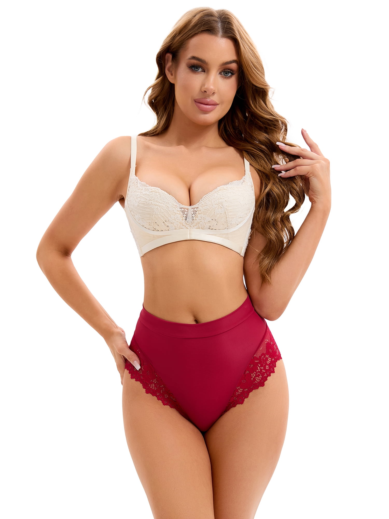 Unique Bargains Women's High-Waisted Underwear Thong Briefs Lace Trim Panties XL Wine Red