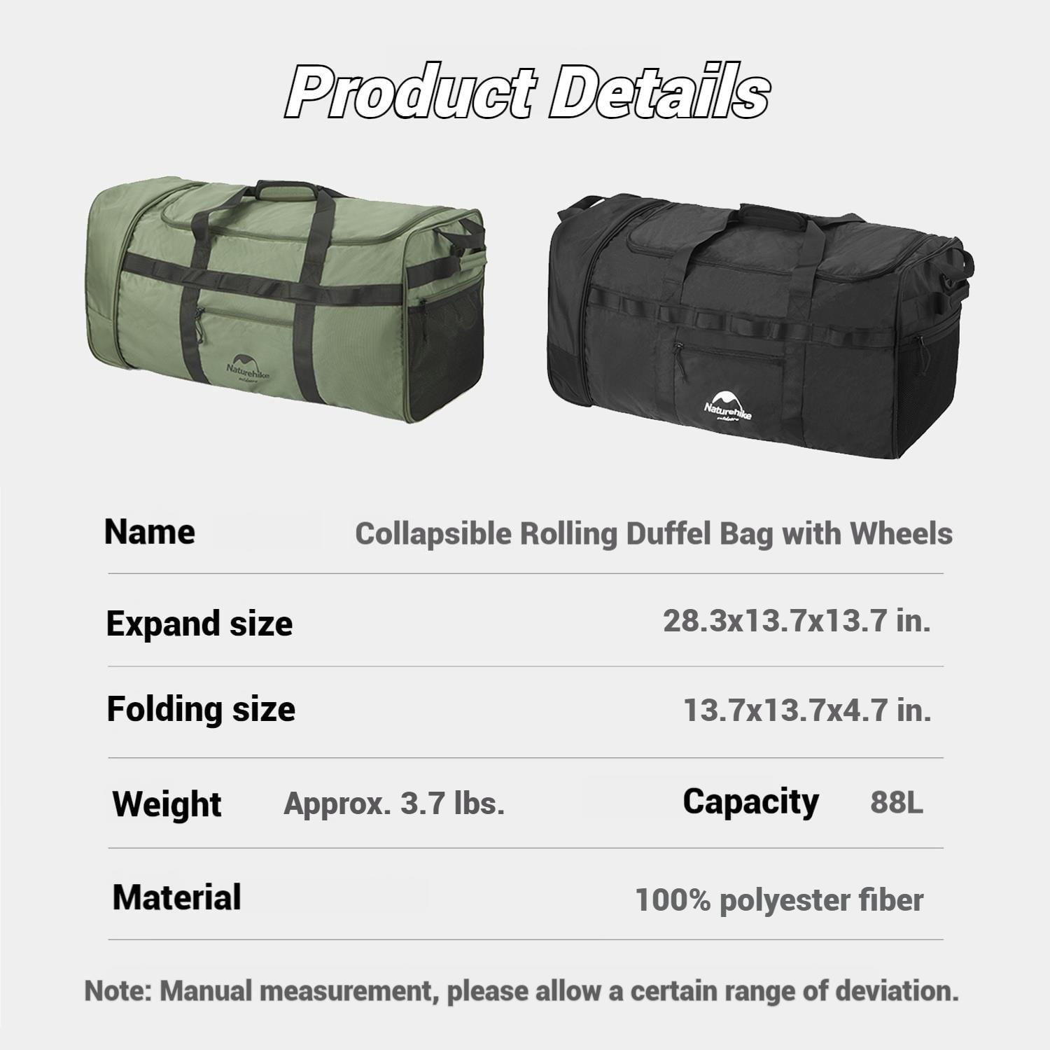 Naturehike, Collapsible Duffel Bag with Wheels, Portable 88L Large Capacity Sports & Travel Bag, Foldable Travel Luggage Bag for Adult, Tear-resistant Polyester Fabric, For Camping/Traveling/Touring