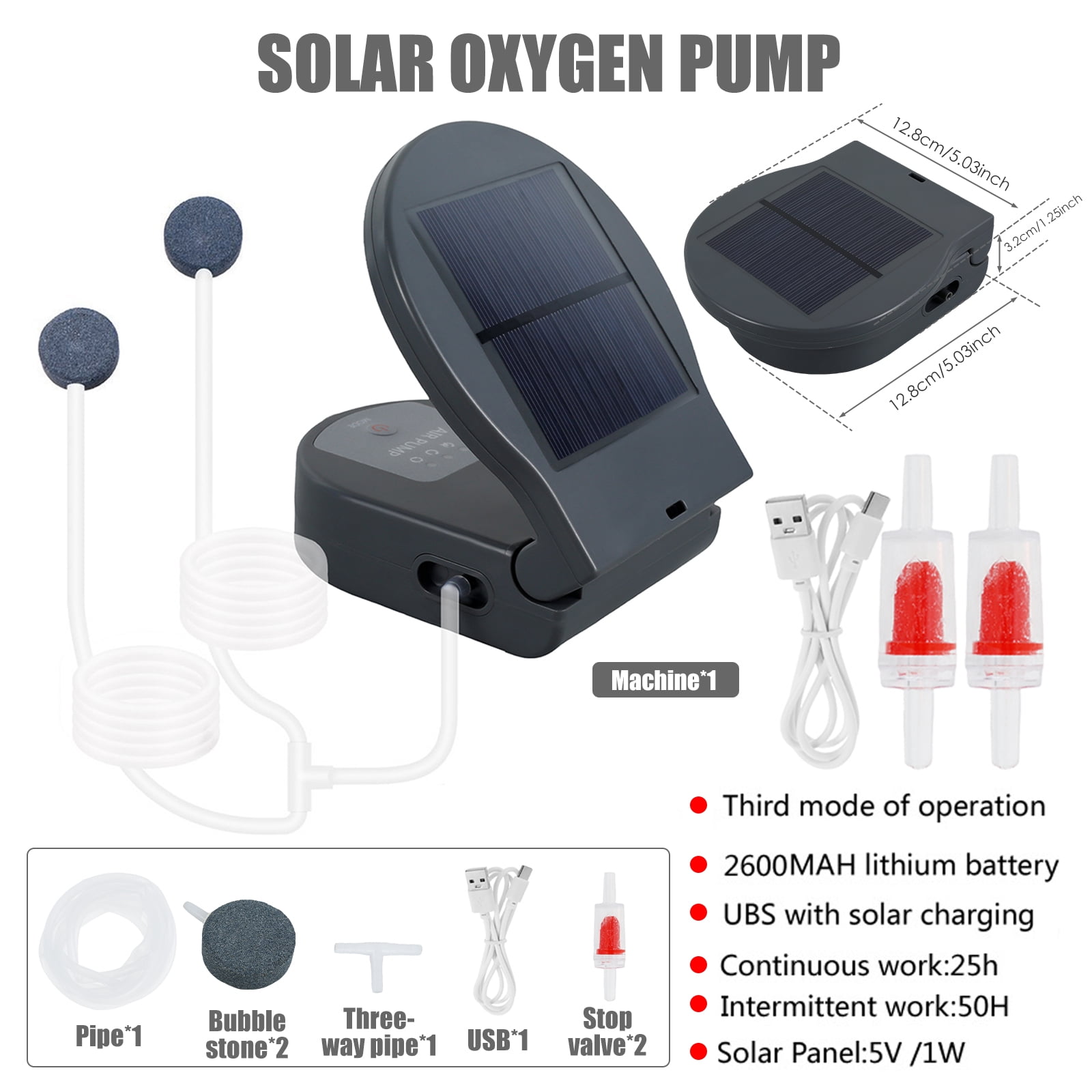 Evjurcn Solar Pond Aerator with Hose 5V/1W Solar Oxygen Pump 3 Adjustable Mode Aquarium Air Pump Durable Fish Bubbler Pump Oxygenator Aerator Oxygen Pump Aerator for Outdoor Aquarium Pool