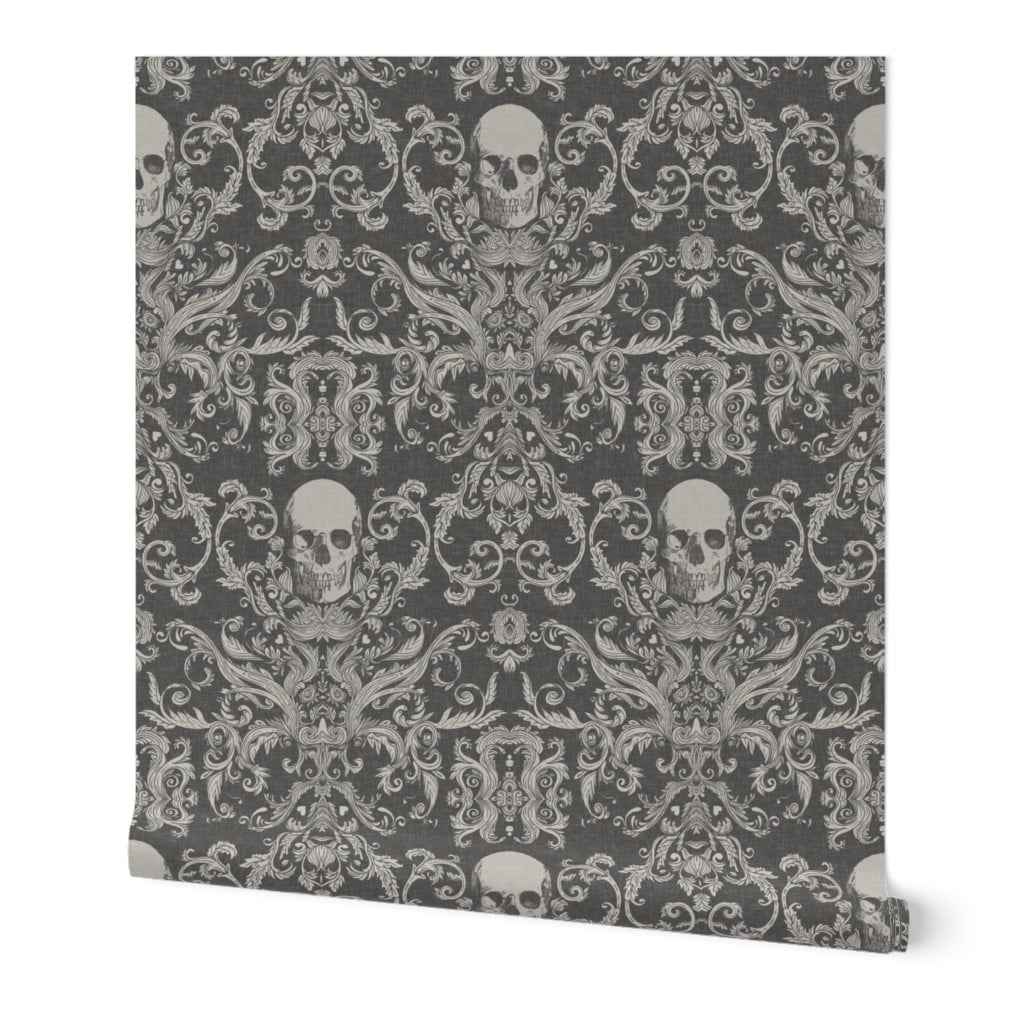 Removable Water-Activated Wallpaper Halloween Black White Gothic Victorian Skull
