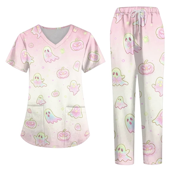 2026 Halloween Scrub Sets for Woman, Quick Dry, V-Neck, Short Sleeve Top & Pants Medical Uniform, Breathable Workwear with Pockets for Nurses & Healthcare Staff, 02-Light pink, M