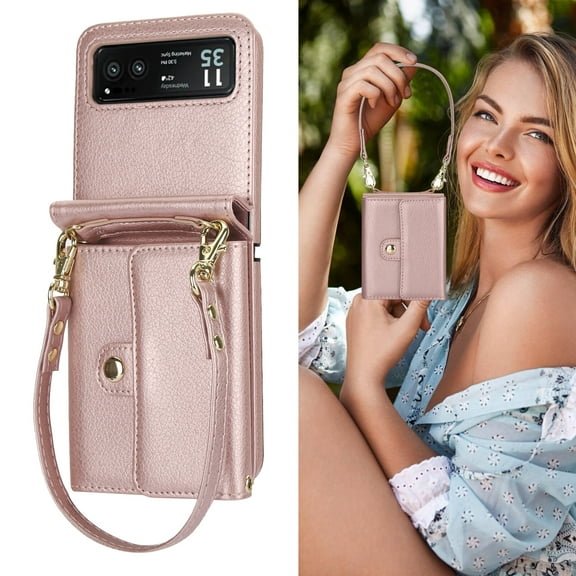 Allytechgroup Moto Razr 40 Wallet Case, Stylish Practical Protective Premium PU Leather Cards Slots Hand Wrist Crossbody Strap Phone Case for Motorola Moto Razr 40, Rosegold