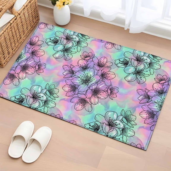 Area Rug 2x3ft, Romantic Pink Purple Mint Green Floral Washable Rugs for Living Room Bedroom, Abstract Flower Soft Non-slip Area Rugs Rectangle Floor Carpet for Dining Room