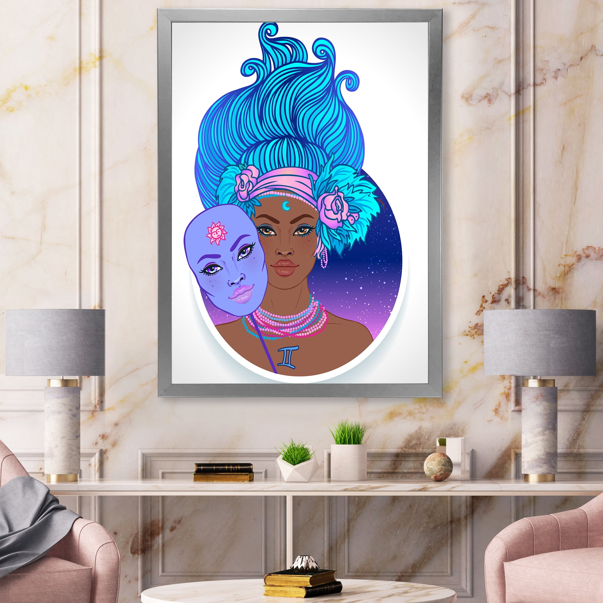 Designart 'Portrait of Afro American Girl With Blue Hair II' Modern Framed Art Print