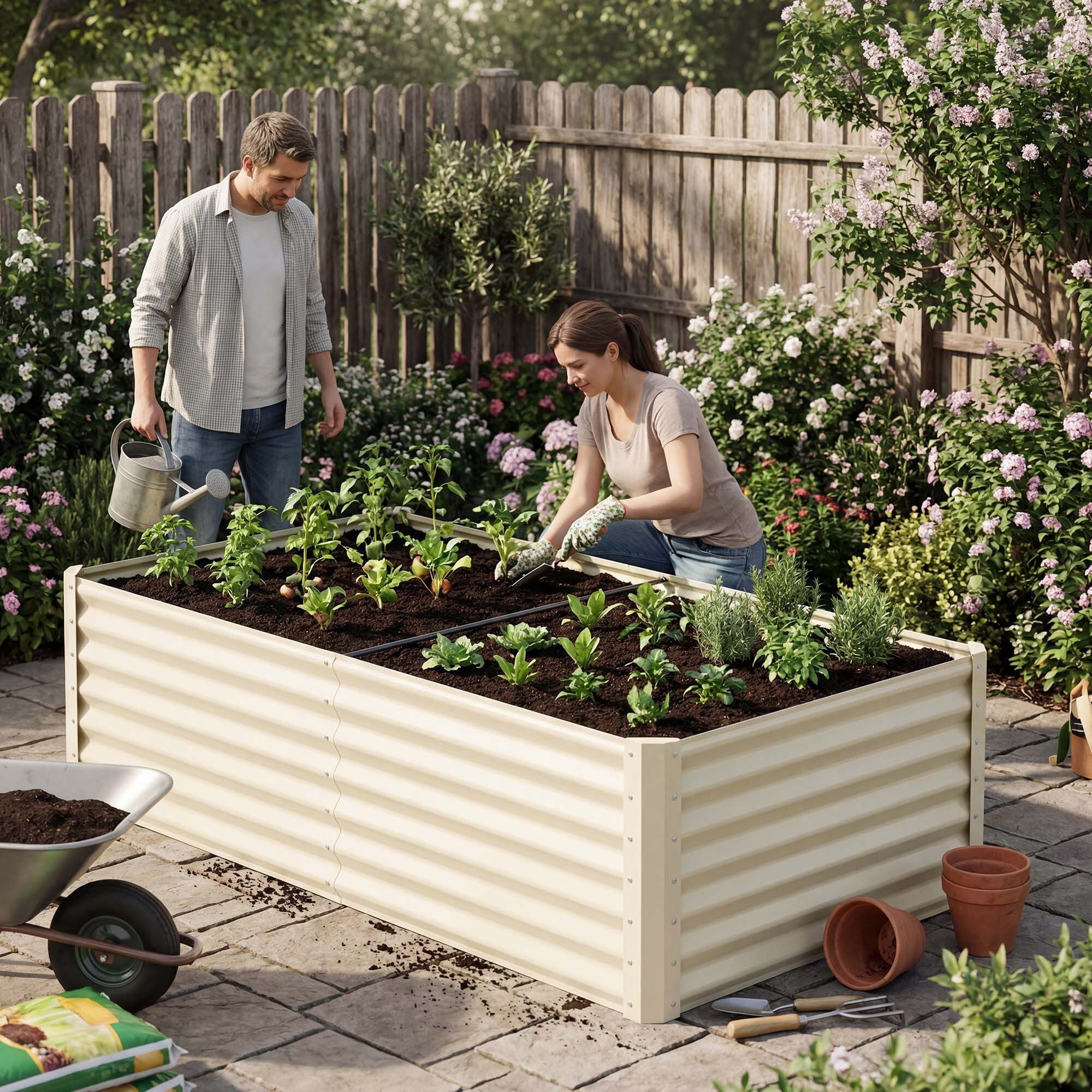 Uforic Galvanized Raised Garden Bed Kit, Metal Planter Box with Gloves, Metal Raised Garden Beds for Vegetables,Cream,6x3x3ft