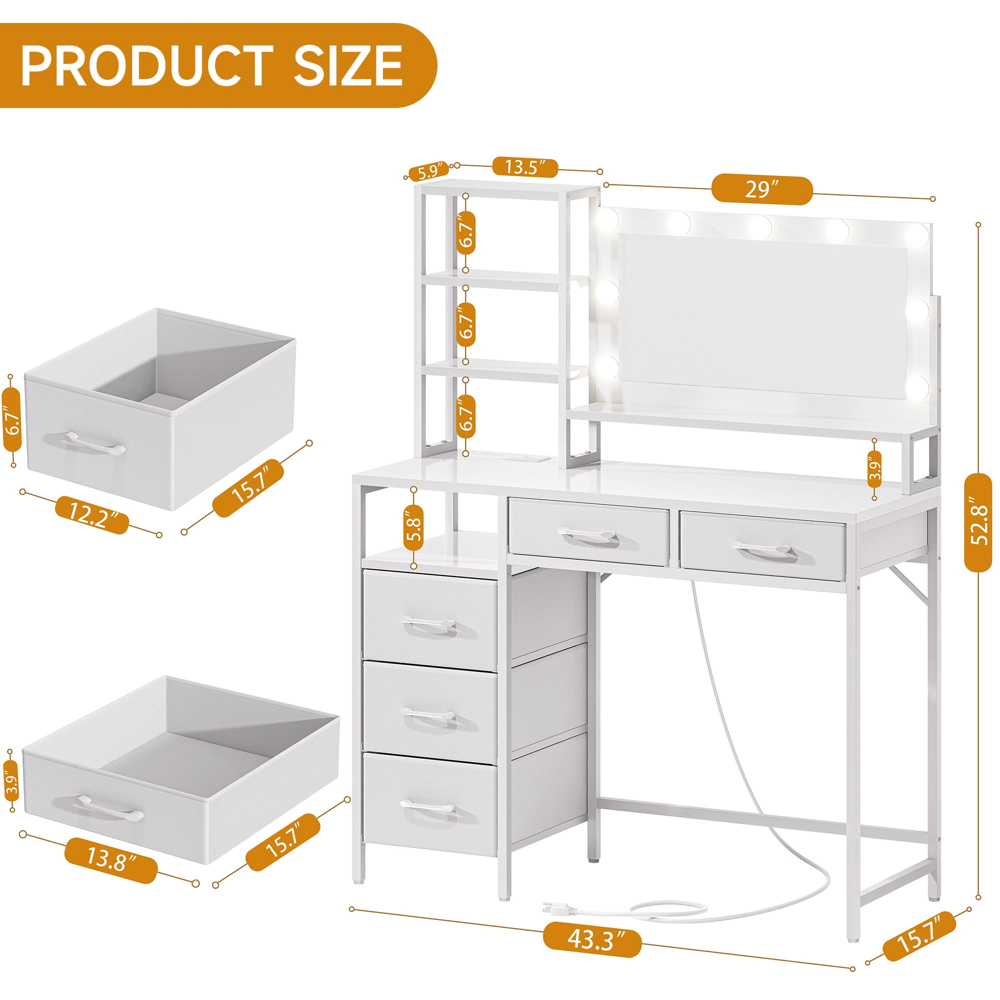 Vanity Desk with Mirror, 9 Lights, 3 Color Modes with Adjustable Brightness, 5 Spacious Fabric Drawers & Storage Shelves, Makeup Vanity with Power Outlets, Modern Vanity Table for Bedroom, White
