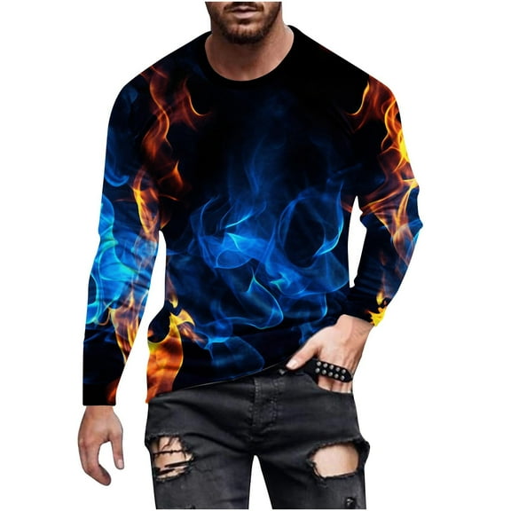 Qingpeng Tee Shirts for Men Long Sleeves Print Crewneck Shirt Casual Pullover Clothes