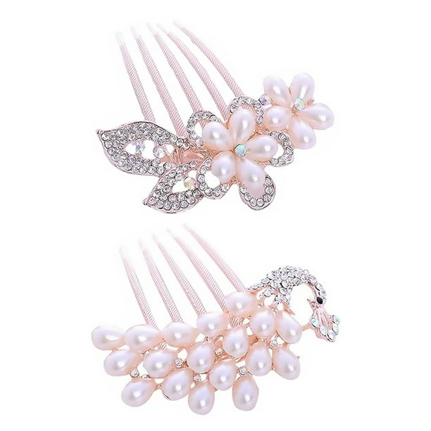 KAKOWELY 2 peinetas para novia con flores y diamantes de imitación, con inserto de perla.