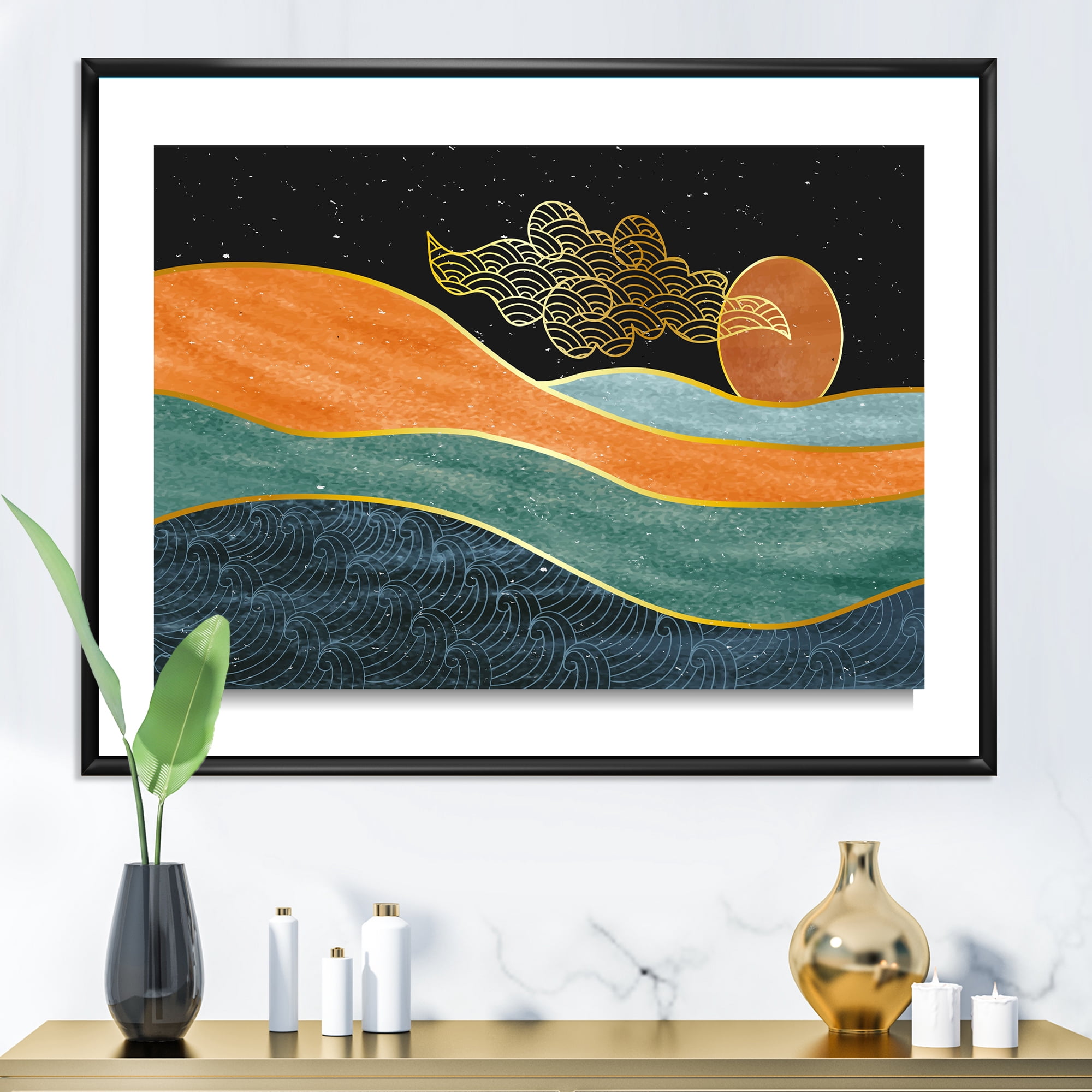 Abstract Nature Sea Sun Sky Mountain Landscape 20 in x 12 in Framed Painting Canvas Art Print, by Designart
