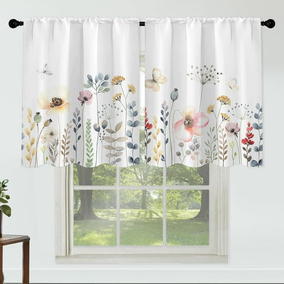 Floral Leaves Curtains 27 Inches Wide 24 Inches Length 2 Panels Watercolour Pink Flower Rod Pocket Window Curtain Plant Printed Curtains for Kitchen Bathroom