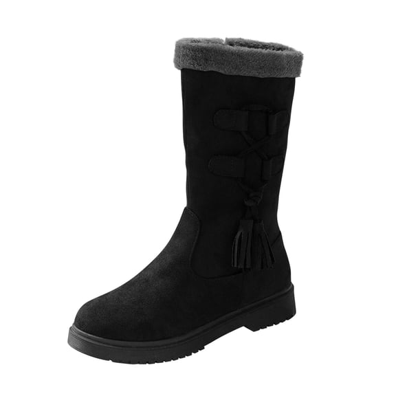 Black Ladies Winter Boots With Low Heel And Round Toe Design For Plus Size Wear In Outdoor And Indoor Activities