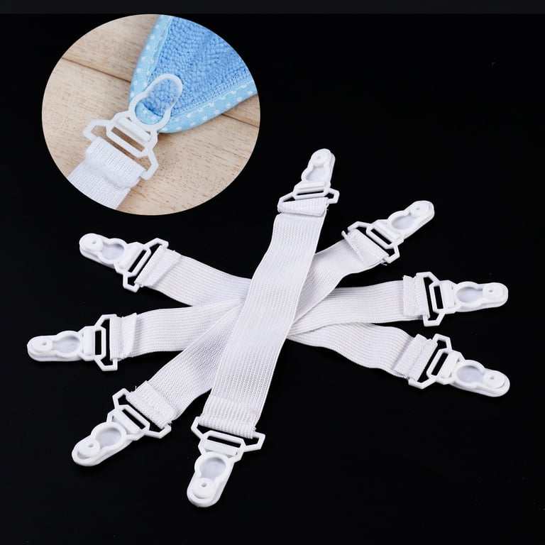 4pcs Garter Style Elastic Bed Sheet Grippers Garter Fastener Straps with  Rubber Button Hook & Clasp (White)