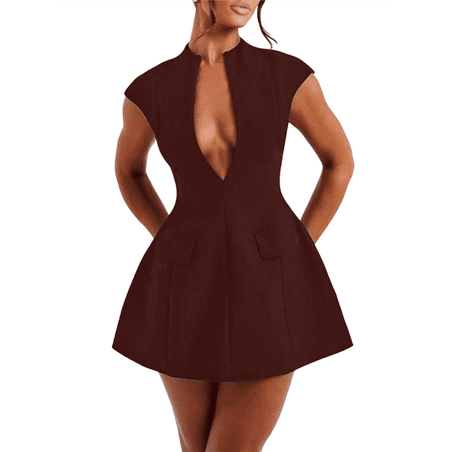 Robe d'Été pour Femme Aguichant à Manches Cap, Décolleté en V Profond, Fermeture Éclair, Ligne A, Mini, Moulante Ajourée, Sortie de Nuit, Robe de Fête, Brun-Rouge, P