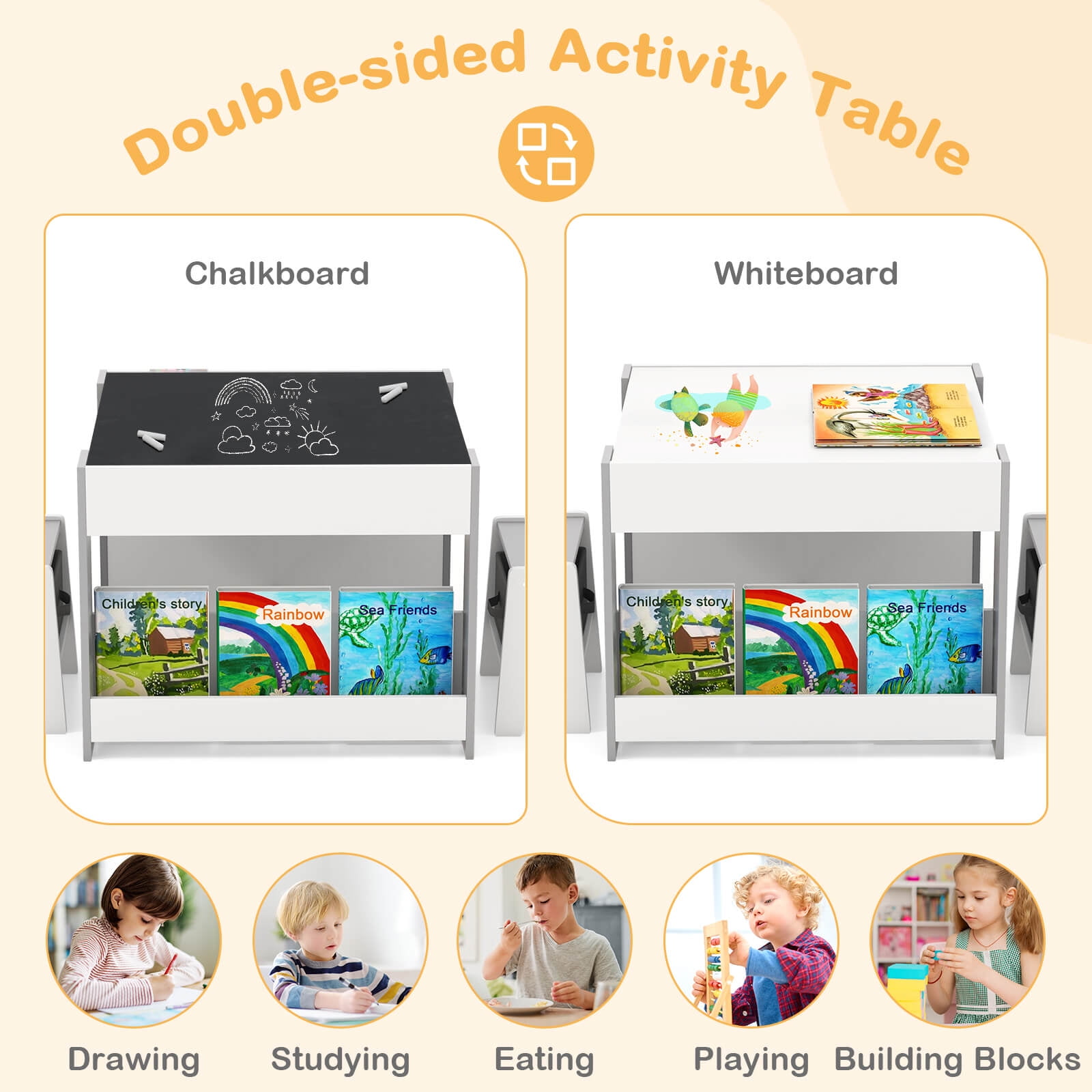 Infans 4-in-1 Kids Table & Chair Set Toddler Wooden Activity Table w/ Side Bookshelves
