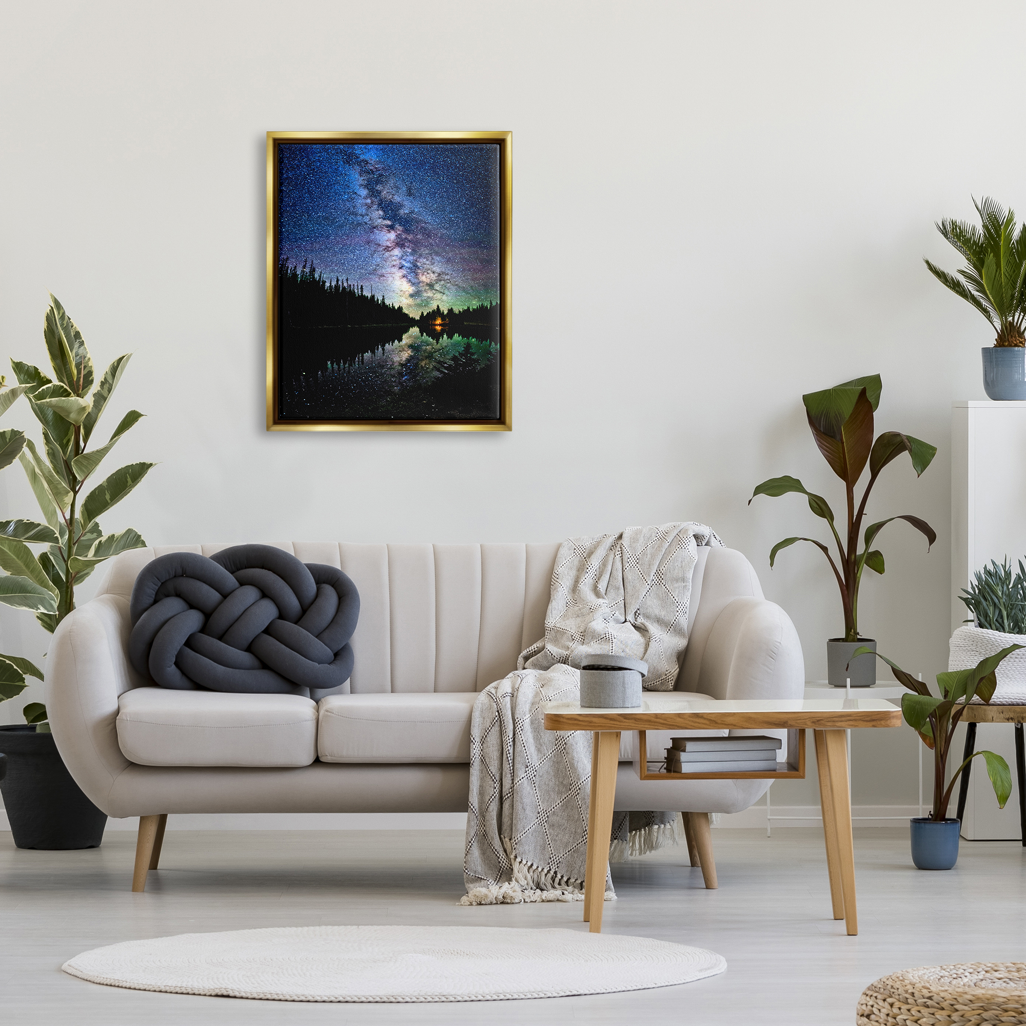Stupell Industries Nebula Over Lake Landscape Nature Photography Gold Floater Framed Art Print Wall Art, 25 x 31