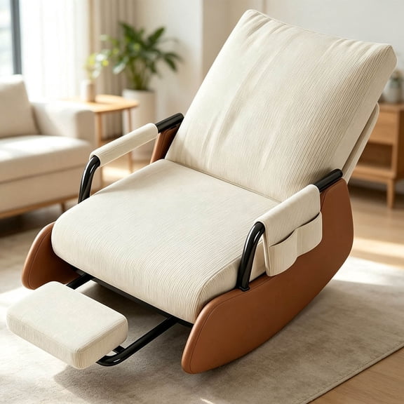 Turcyy Indoor Rocking Chair with Ottoman, Upholstered Rocker Glider Chair for Living Room, Beige