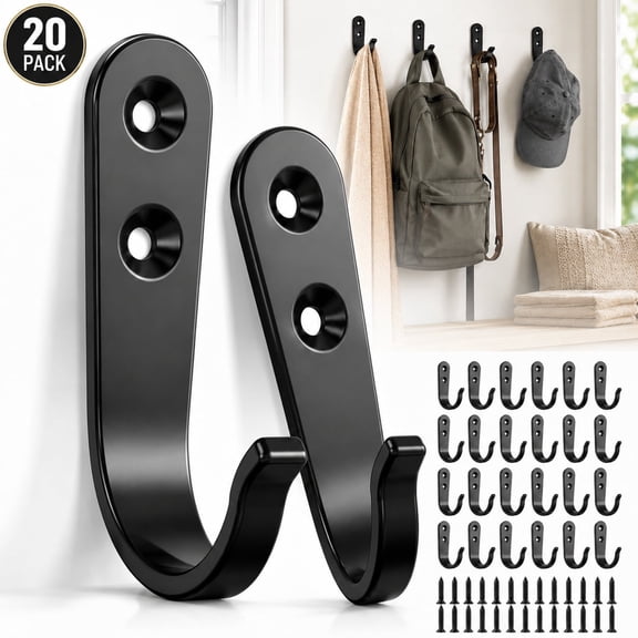 Tattom 20-Pack Heavy Duty Metal black wall hooks with Screws, Single Prong Hanging black hook for Towels, Robes, Backpacks, Hats, Leashes - Indoor Outdoor Rustproof Home Organization