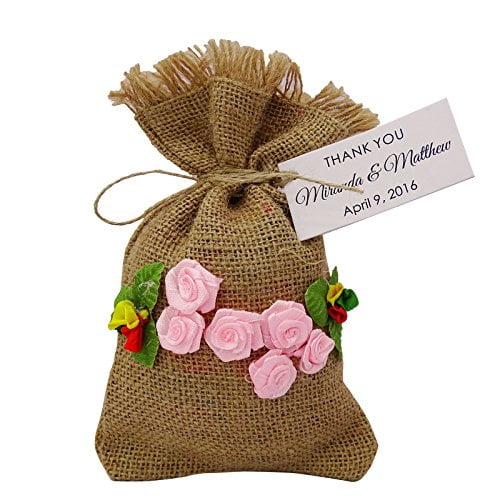 20 Burlap Drawstring Gift Bag Small Jute Pouch Wedding Party Rustic Favor Bags With Personalized Tags 4"x6.5"