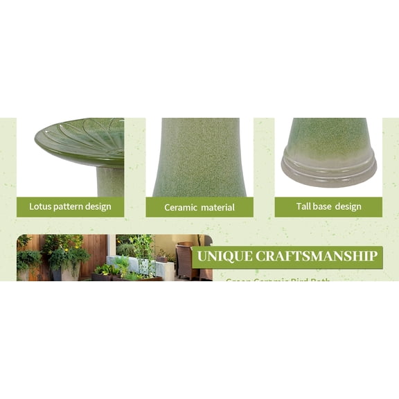 17'' Ceramic Bird Bath for Outside, Elegant Tall Outdoor Bird Bath, Lightweight Pedestal Glazed Birdbaths for Outdoors with floral Pattern, Ombre Green