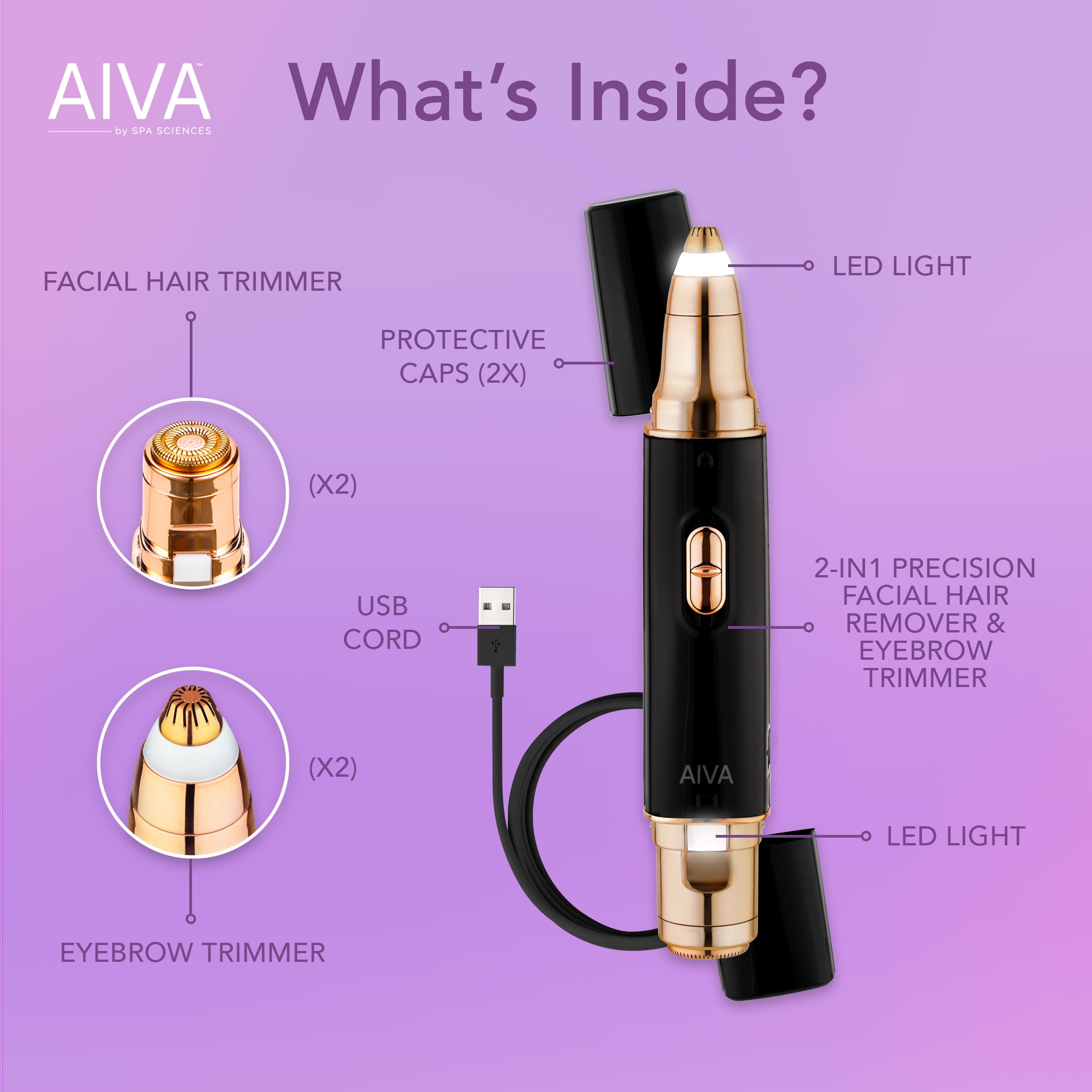 Spa Sciences - AIVA - The 2-in-1 Facial Hair Remover & Eyebrow Trimmer with Built-in LED Lights